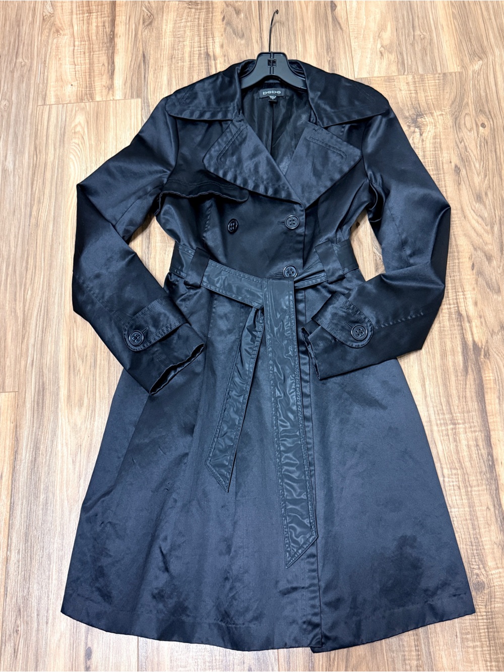 Bebe Y2K Women's Trench Coat Vintage Belted Flared Black sz M - Picture 3 of 9